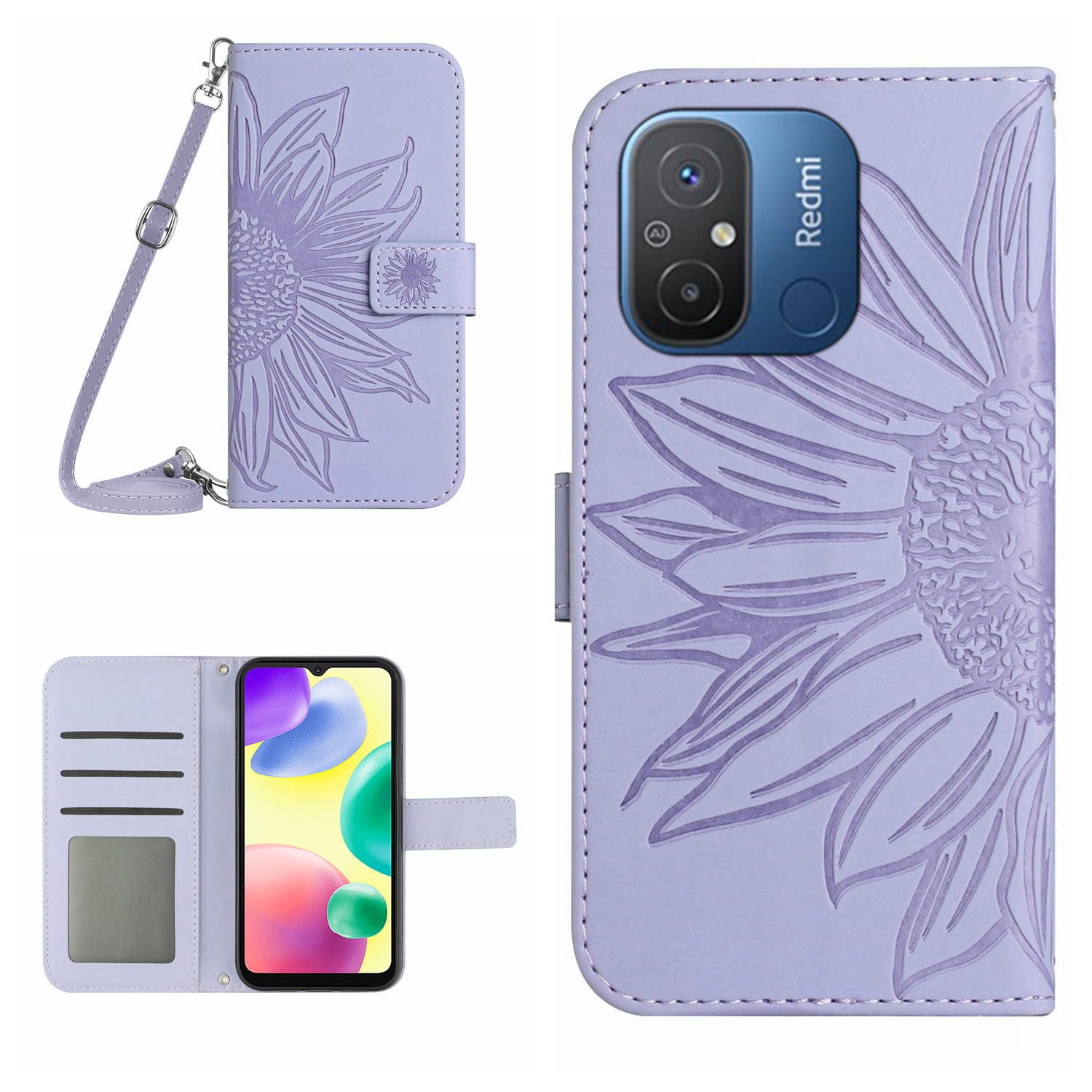 HT04 Leather Cover for Xiaomi Redmi 11A 4G 12C 4G Sunflower Imprinted Stand Wallet Phone Case with Shoulder Strap HT04 Leather Cover for Xiaomi Redmi 11A 4G 12C 4G Sunflower Imprinted Stand Wallet Phone Case with Shoulder Strap